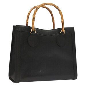 GUCCI Bamboo Hand Bag Leather Black Gold 002